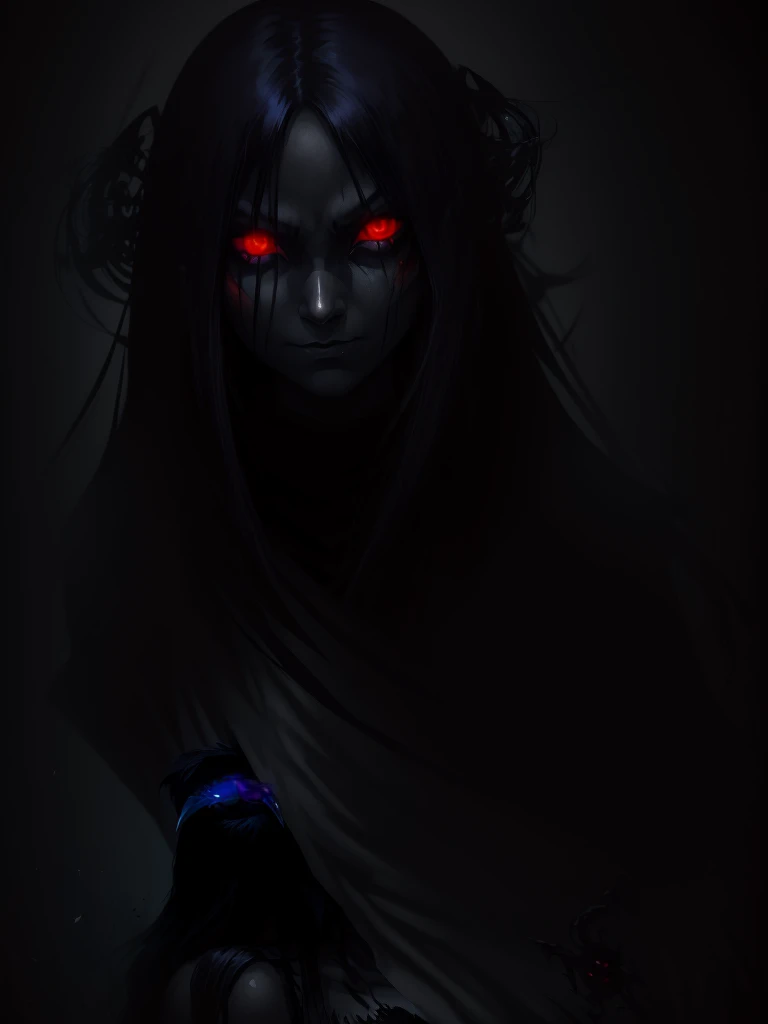 girl, dark, glowing eyes, evil, evil and scary look, raven nearby