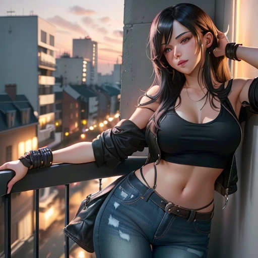 Woman in her twenties posing on a balcony in a black top and jeans, seductive Tifa lockhart portrait, Tifa lockhart, Enchanting anime girl, ig model | art gelm, Trending on cgstation, Tifa, Tifa lockheart, Trending on cgstation, Photo of slim girl model, Gweiz-style artwork, Jan J