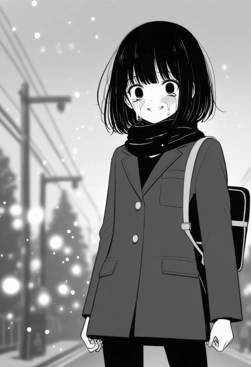 masterpiece, best quality, 1girl, mamerakkkkko, grayscale, manga style, japanese, chi no wadachi, black eyes, street, iced, black hair, schoolbag, smile, lineart, black coat, black scarf, black pleated skirt, leggins, centered, 18 years old, tall, fair skinned, bokeh background, crying, tears, straight-on, tears streaming, bob cut, light particles, centered, snowing, (((reaching_towards_viewer)))
