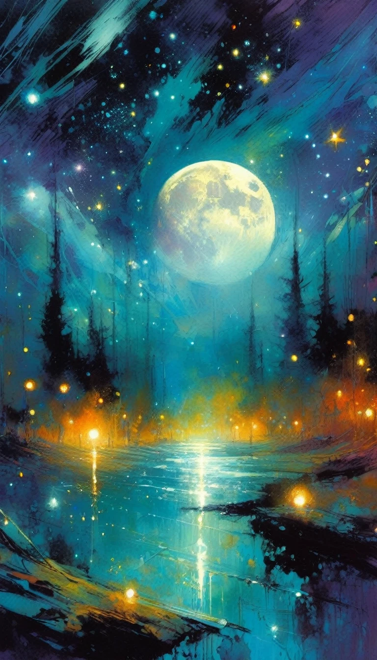 magic, fantastic, night sky, moon, stars, background (art inspired by Bill Sienkiewicz). oil painting)
