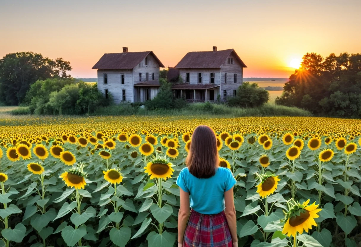 an old house, a field of sunflowers, a girl's back, sunrise time, a quiet landscape,