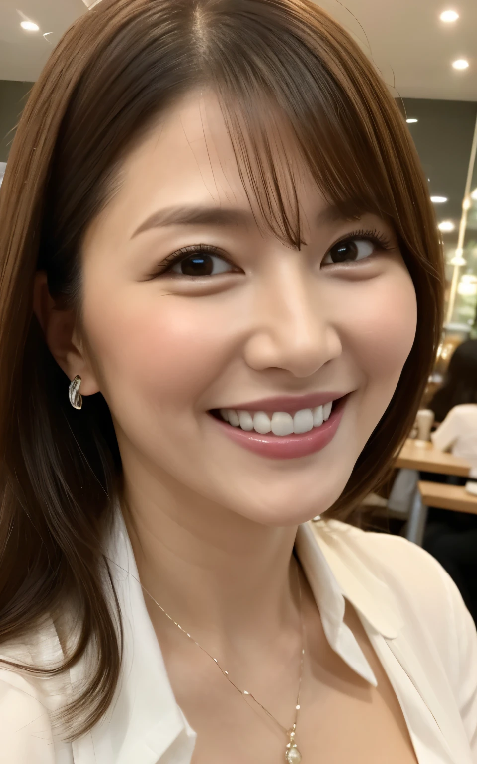 8k wallpaper, masterpiece, Highest quality, Super detailed, One Mature Woman, 50 years old, Become very clear, Wearing a spring-like shirt, Skin dents, Captivating smile, Looking at the audience, Cleavage, plump, Curvaceous, Fascinating face, Smiling with teeth showing, I was happy, Sitting in a cafe, Background Blur