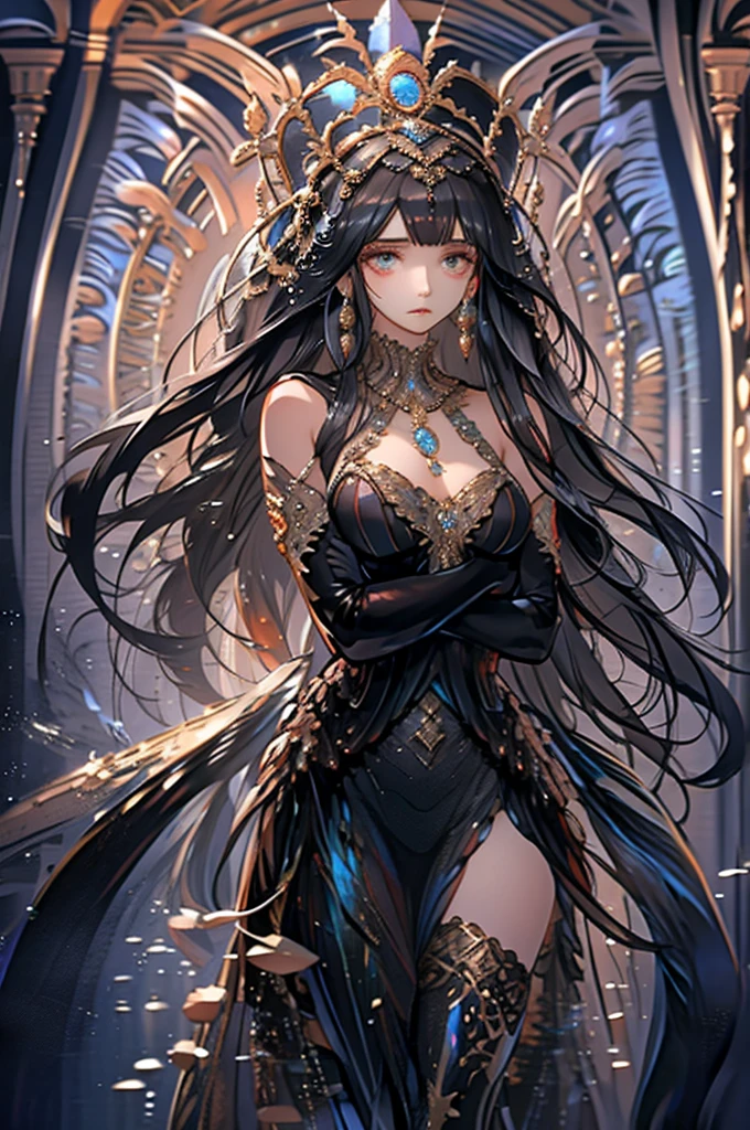 masterpiece, women far from viwer, full body visible, women with ornaments on head and hands, black dress , high resolution,(realistic ultra details) single women full body