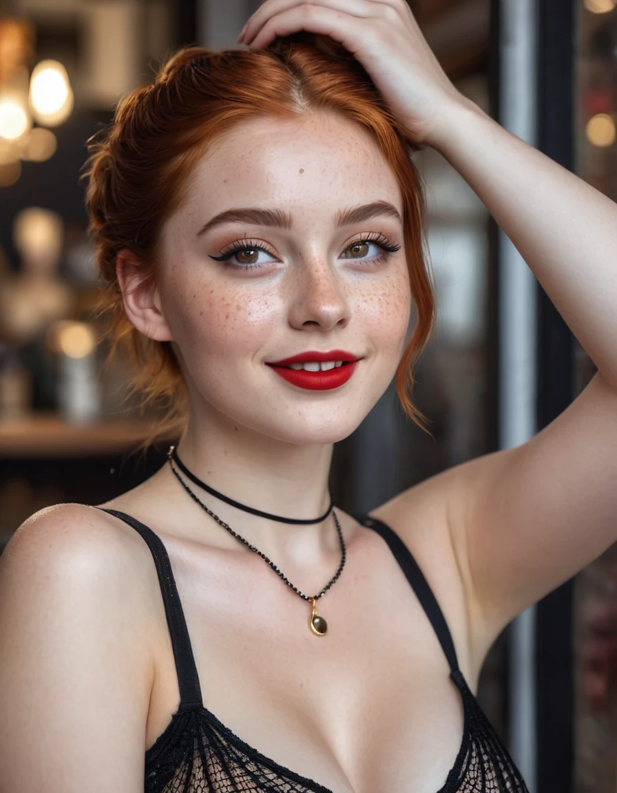 hyperrealistic beautiful busty -yeld wo , model shooting full body photography, natural redhead classic bun, freckles, soaky wet skin, dark eye makeup with eyeliner, seductive smile, red lips, small necklace, 8K, Best quality, Meisterwerk, ultra high resolution, (Realismus: 1.4), Originalfoto, (realistische Hautstruktur: 1.3), (Filmkorn: 1.3), (Selfie-Winkel), 1 girl, Beautiful round hazel eyes and facial details, Meisterwerk, Best quality, indoor photography, showing armpit, arms up, goth, full body with fishnet