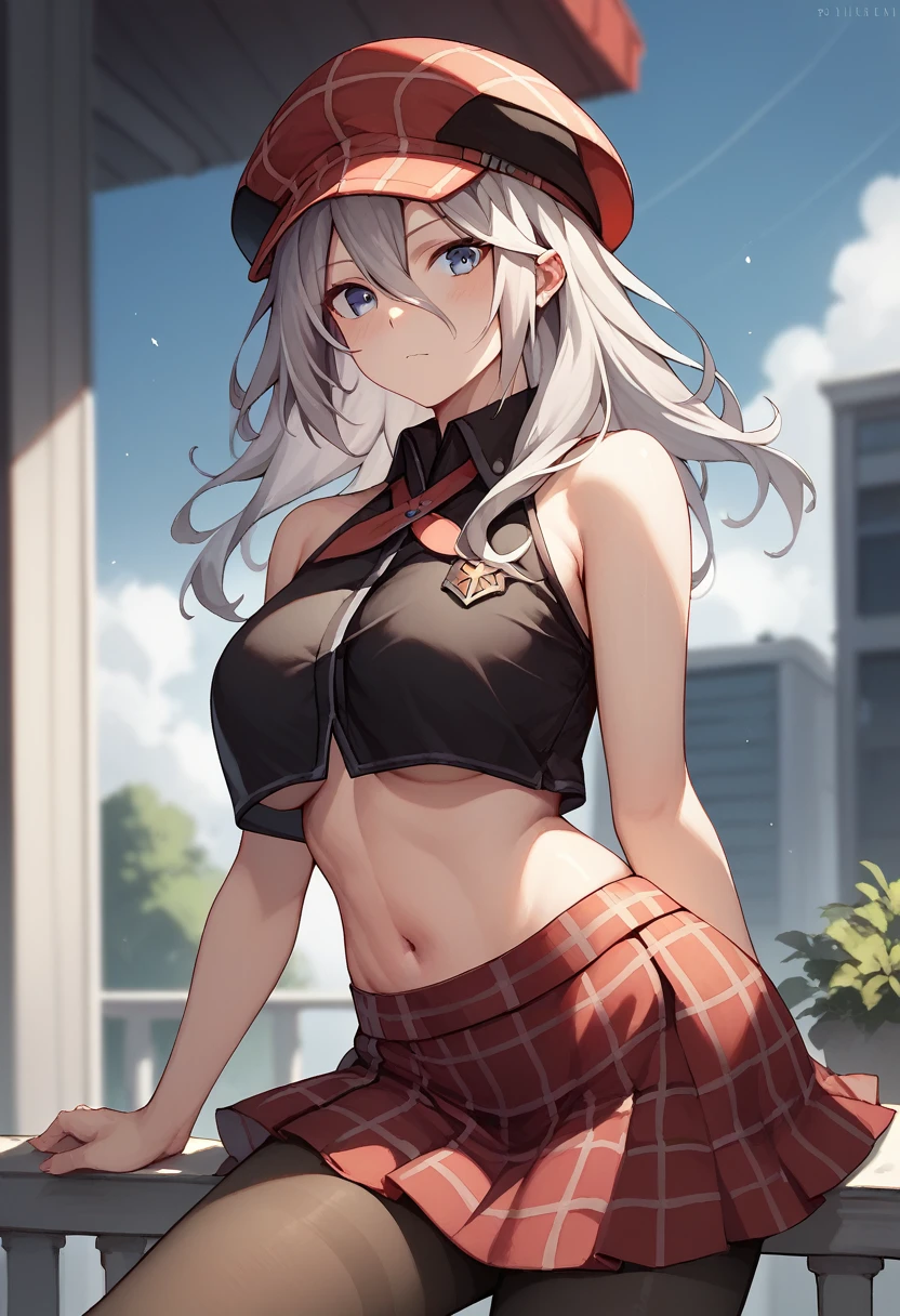 score_9, score_8_up, score_7_up,
1girl, alisa ilinichina amiella, solo,grey hair,long hair,blue eyes,hair between eyes, pantyhose,underboob,bare shoulders,black crop top,red headwear,red plaid skirt,