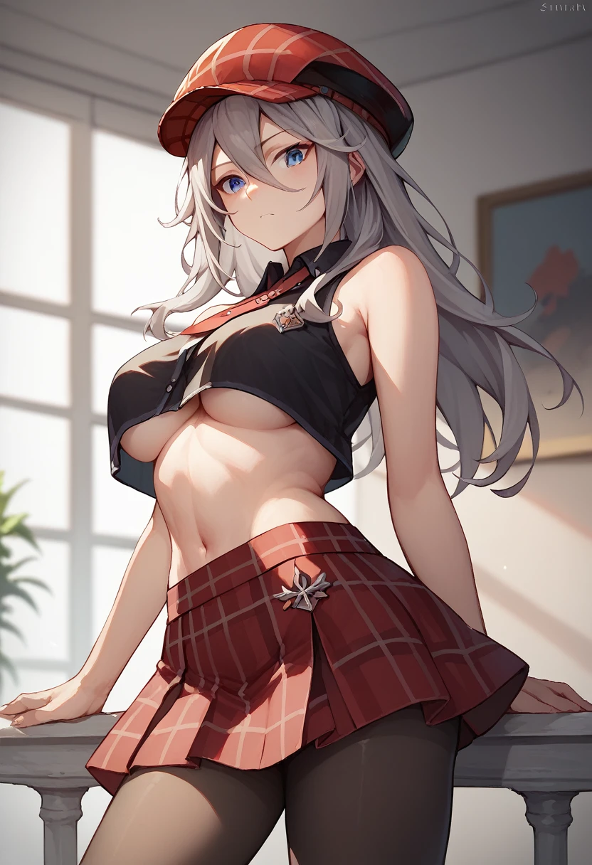 score_9, score_8_up, score_7_up,
1girl, alisa ilinichina amiella, solo,grey hair,long hair,blue eyes,hair between eyes, pantyhose,underboob,bare shoulders,black crop top,red headwear,red plaid skirt,