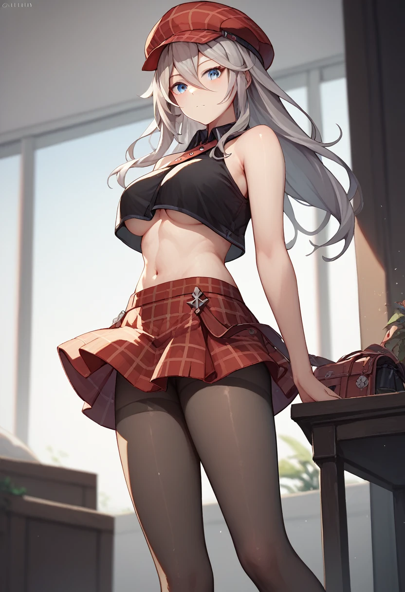 score_9, score_8_up, score_7_up,
1girl, alisa ilinichina amiella, solo,grey hair,long hair,blue eyes,hair between eyes, pantyhose,underboob,bare shoulders,black crop top,red headwear,red plaid skirt,