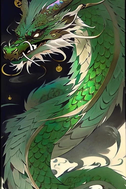 Chinese dragon with green scales, golden tattos on it's chest wrist and ankles, dark brown hair with gray strings, a long beard