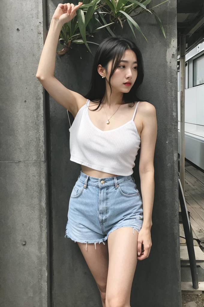 ((Masterpiece)) Ultra-high resolution Ultra high quality 8K Clear skin Shiny feel Realistic portrayal Anatomically correct body shape Realistic WorldwideNo.1 Full body photo Brown Short Hair thick lips ear cartilage piercing White tank top blue denim skirt Port Girls kawaii, underboob,