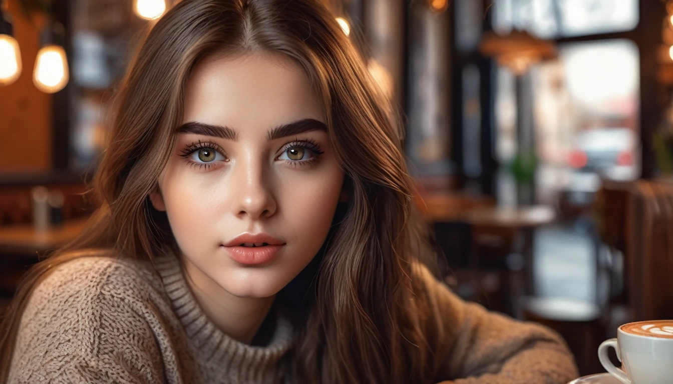 a 19 year old girl with long brown hair in a cafe serving coffee, beautiful detailed eyes, beautiful detailed lips, extremely detailed eyes and face, long eyelashes, warm lighting, cozy atmosphere, photorealistic, 8k, high quality, hyper detailed, intricate details, natural lighting, soft colors, warm tones, moody, cinematic, concept art style