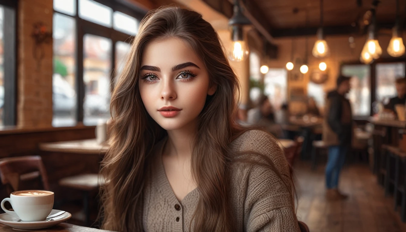 a 19 year old girl with long brown hair in a cafe serving coffee, beautiful detailed eyes, beautiful detailed lips, extremely detailed eyes and face, long eyelashes, warm lighting, cozy atmosphere, photorealistic, 8k, high quality, hyper detailed, intricate details, natural lighting, soft colors, warm tones, moody, cinematic, concept art style