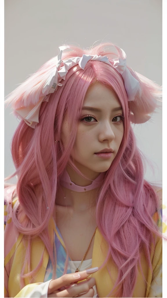 there is a woman with pink hair and a pink and yellow wig, Guweiz, retrato de jisoo de blackpink, painted in anime painter's studio, obra de arte al estilo de Guweiz, jisoo de blackpink, made with anime painter studio, anime realism style, realistic anime style on pixiv, Jisoo de Blackpink, with pink hair, retrato de jossi de blackpink