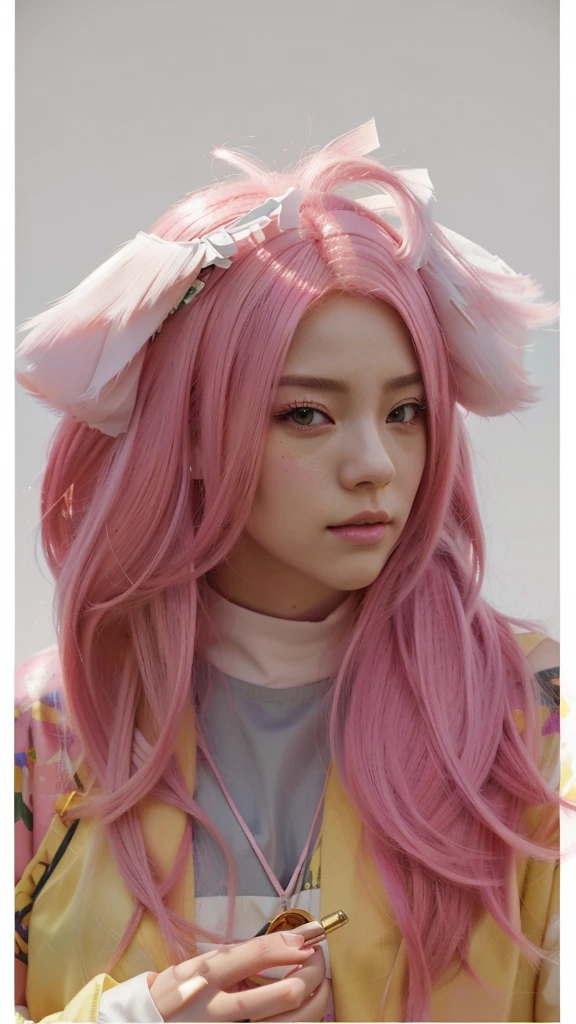 there is a woman with pink hair and a pink and yellow wig, Guweiz, retrato de jisoo de blackpink, painted in anime painter&#39;s studio, obra de arte al estilo de Guweiz, jisoo de blackpink, made with anime painter studio, anime realism style, realistic anime style on pixiv, Jisoo de Blackpink, with pink hair, retrato de jossi de blackpink