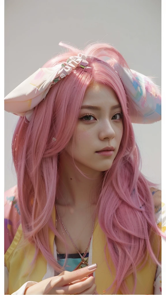 there is a woman with pink hair and a pink and yellow wig, Guweiz, retrato de jisoo de blackpink, painted in anime painter&#39;s studio, obra de arte al estilo de Guweiz, jisoo de blackpink, made with anime painter studio, anime realism style, realistic anime style on pixiv, Jisoo de Blackpink, with pink hair, retrato de jossi de blackpink