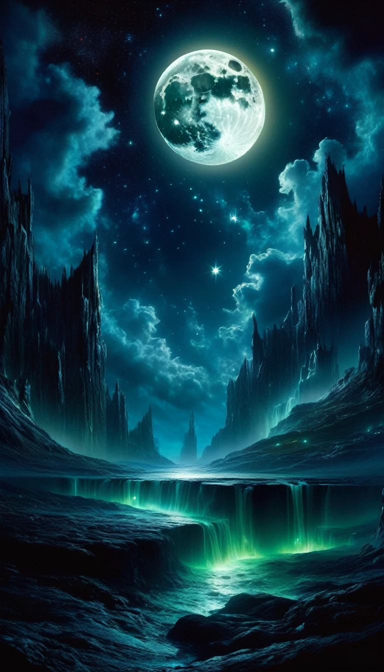 a beautiful night sky, full moon, stars, dark fantasy landscape, oil painting, (best quality,4k,8k,highres,masterpiece:1.2),ultra-detailed,(realistic,photorealistic,photo-realistic:1.37),moody lighting,dramatic clouds,dramatic lighting,magical,mystical,surreal,cinematic,epic,Bill Sienkiewicz inspired,dramatic shadows,vibrant colors,glowing moon,twinkling stars,fantastical,ethereal,atmospheric,dark fantasy,dramatic,cinematic composition