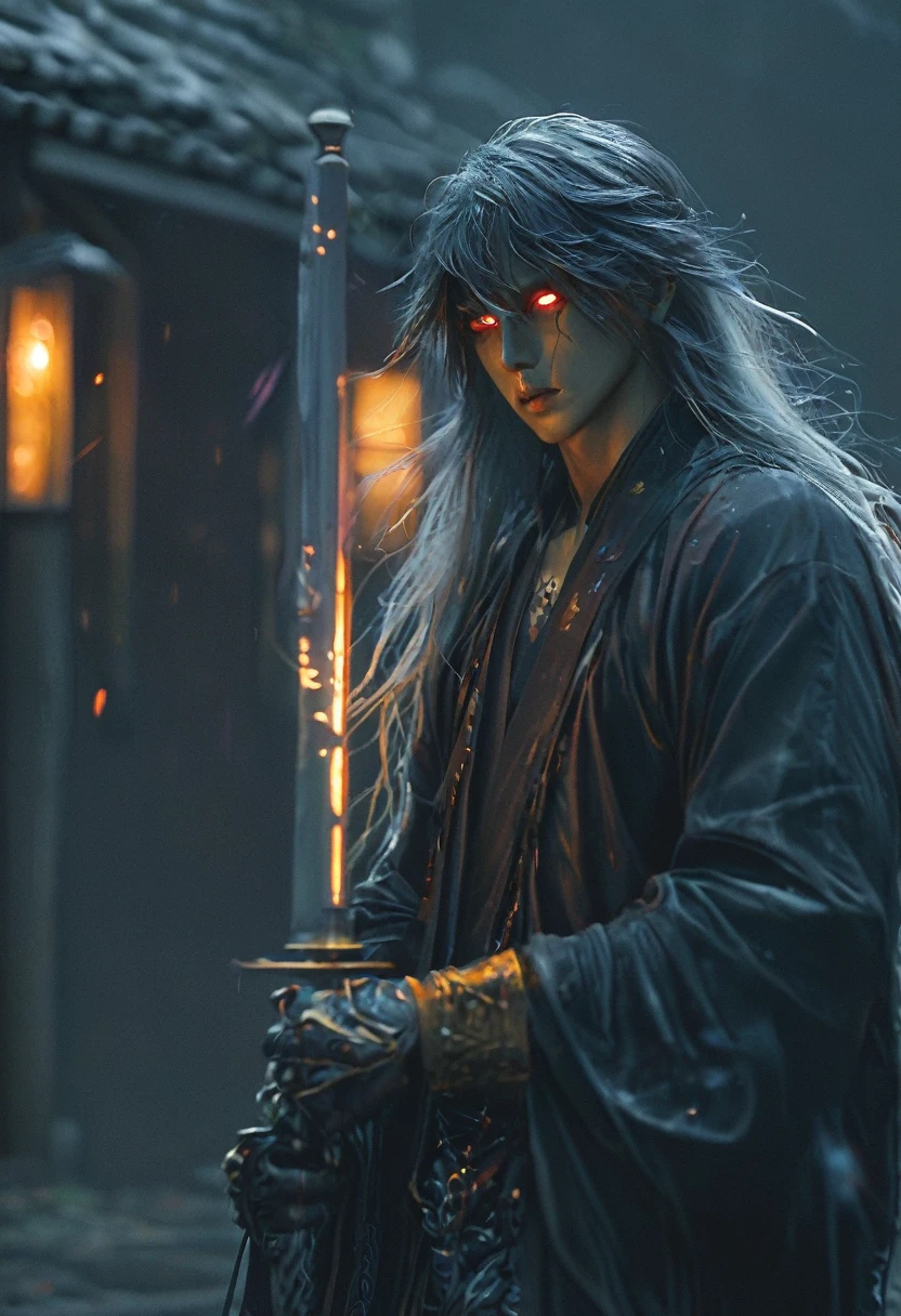 An ethereal sultryseductivedemonic 20 year old anime male druid with metallic long hair and tattoos, intimately holding and almost kissing a 20 year old anime male, anime druid demon male hellscape at night, manga inspired by Masashi Wakui, rainbow color palette, atmospheric fog, decay, worn textures, rain-soaked fantasy village, manga-style illustration --s 150 --ar 1:2 --c 5 Removed From Image