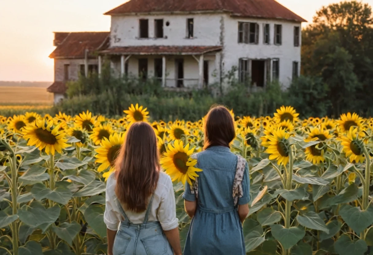 an old house, a field of sunflowers, a girl's back, sunrise time, a quiet landscape,