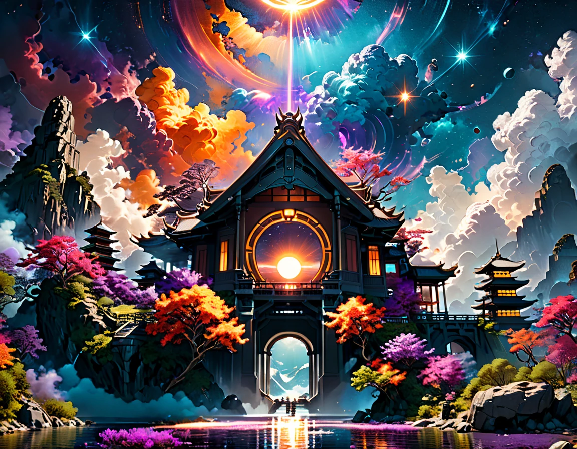 a National Geographic picture of dark Japanese medieval temple, as the sun (rises in the horizon: 1.1), it sits on the bank of a river near surrounded by cherry trees, almond trees, Japanese maple trees, (all trees in many colorful shades of green, red, pin, orange: 1.5) ((all scenery is reflected in the river: 1.5)), an epic ancient Japanese medieval temple, ancient and epic in its majestic antiquity, a sense of serenity, tranquility, divine rays, some clouds, sun rays, (highest quality:1.2, Very detailed, up to date, Vibrant, Ultra-high resolution, High Contrast, masterpiece:1.2, highest quality, Best aesthetics), best details, best quality, highres, ultra wide angle, 16k, [ultra detailed], masterpiece, best quality, (extremely detailed: 1.5), Cinematic Hollywood Film, RagingNebula