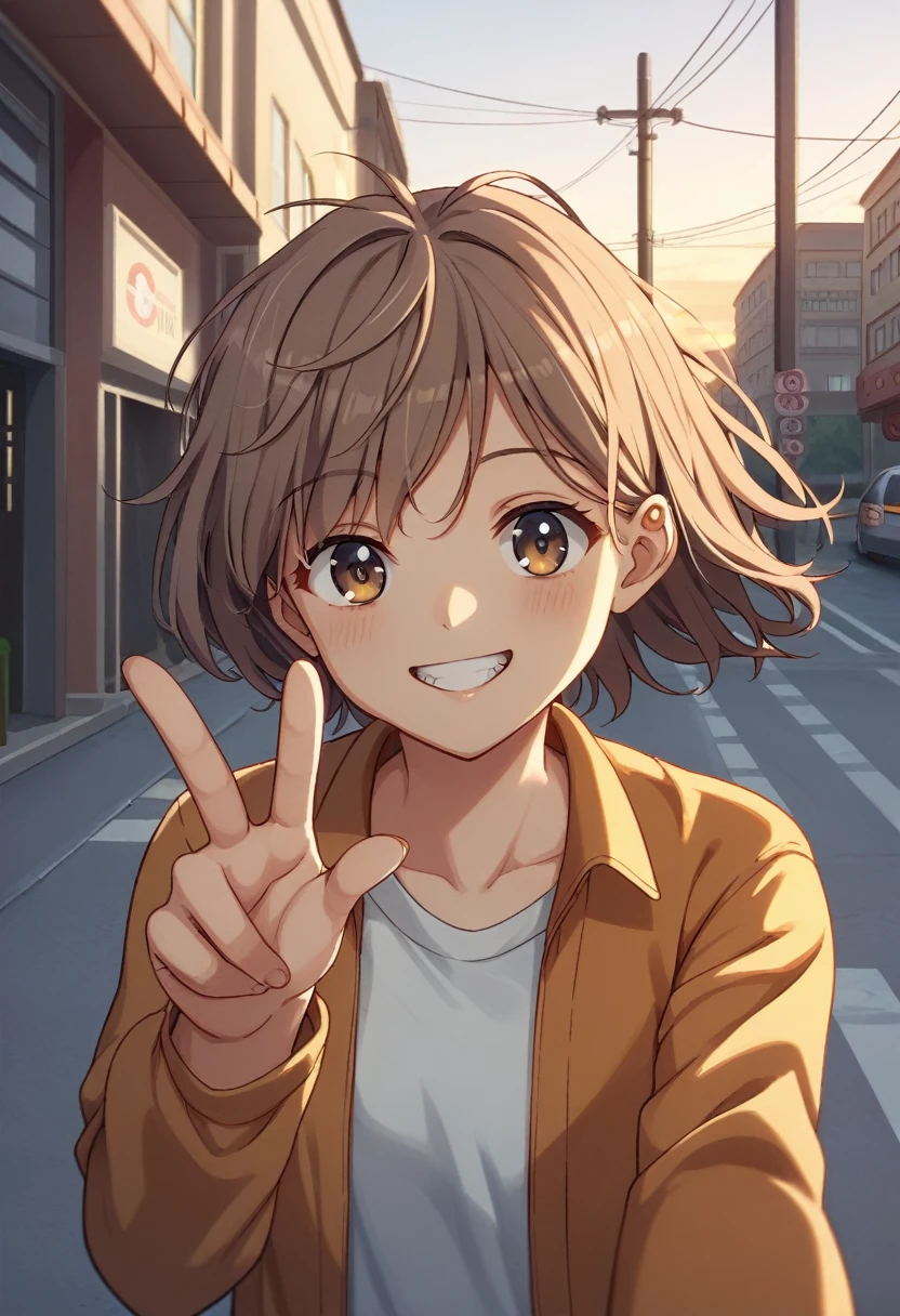 One girl, ((Fisheye, Self snap)), Wind, Dirty hair, sunset, Streetscape, (Aesthetics and atmosphere:1.2),smileの美しい女性、8K、Ultra HD、Japanese、One woman around 20 years old、Brown Hair、smile、((Smiling with white teeth))、