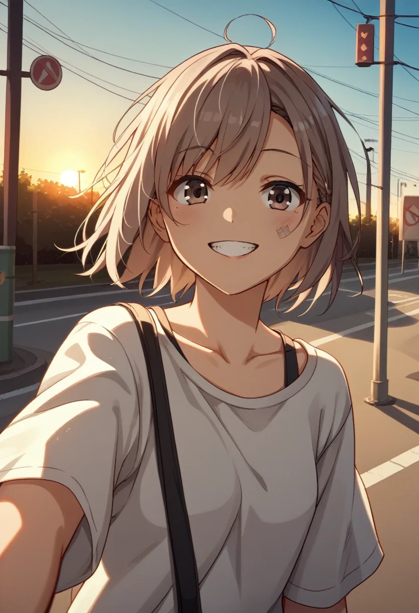 One girl, ((Fisheye, Self snap)), Wind, Dirty hair, sunset, Streetscape, (Aesthetics and atmosphere:1.2),smileの美しい女性、8K、Ultra HD、Japanese、One woman around 20 years old、Brown Hair、smile、((Smiling with white teeth))、
