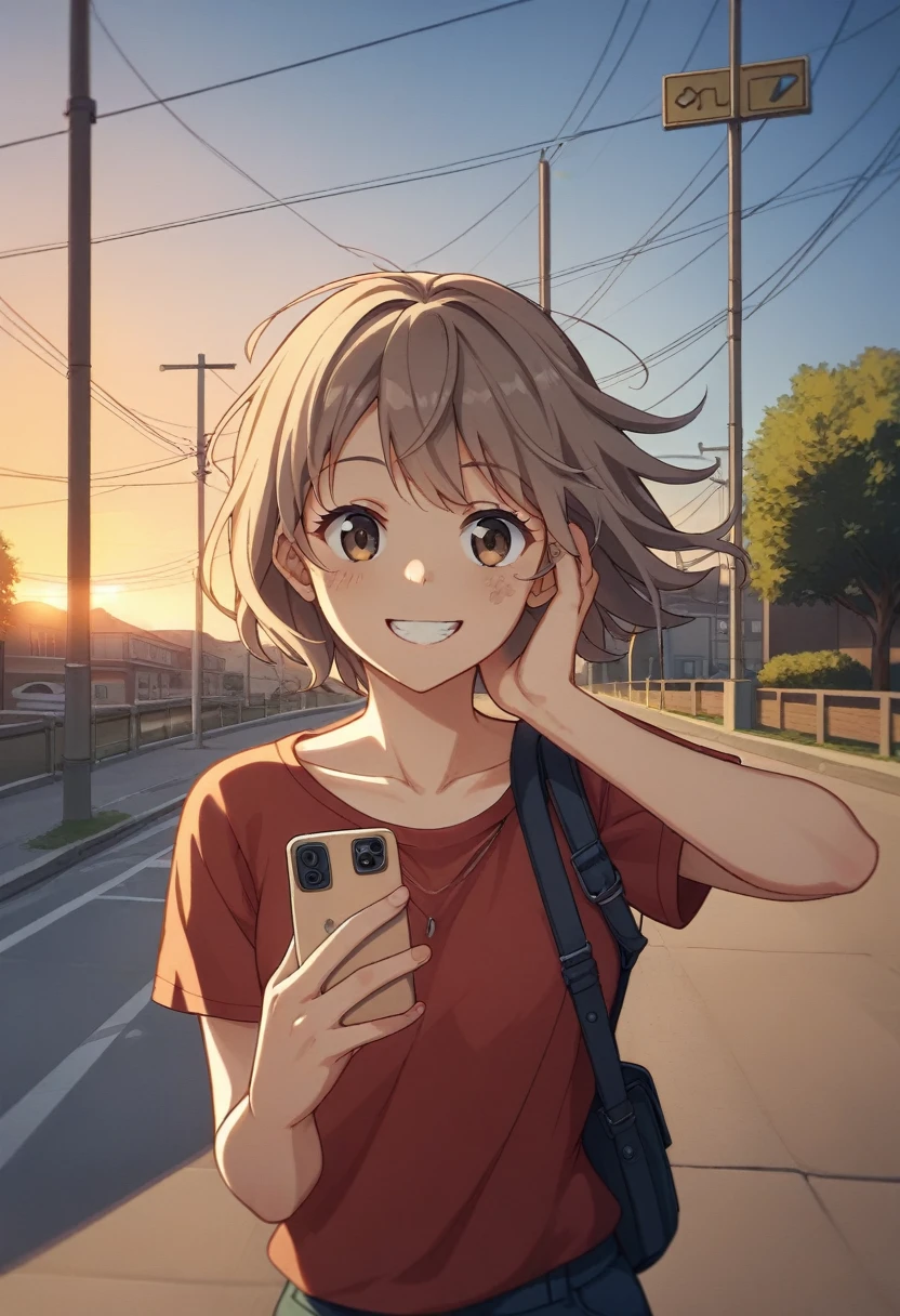 One girl, ((Fisheye, Self snap)), Wind, Dirty hair, sunset, Streetscape, (Aesthetics and atmosphere:1.2),smileの美しい女性、8K、Ultra HD、Japanese、One woman around 20 years old、Brown Hair、smile、((Smiling with white teeth))、