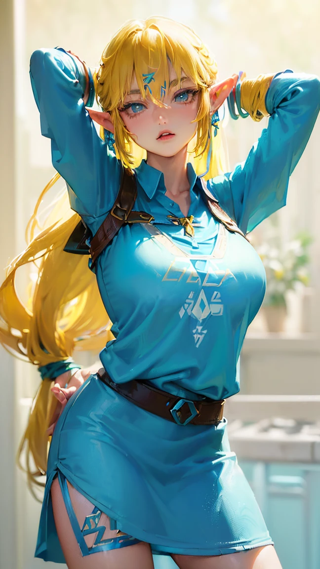 (((link(the legend of the zelda))),((gender bender,yellow hair,blue_eyes,cowboy shot,hair between eyes)),((link(the legend of the zelda) is a milf,42 years old,gigantic clothing))