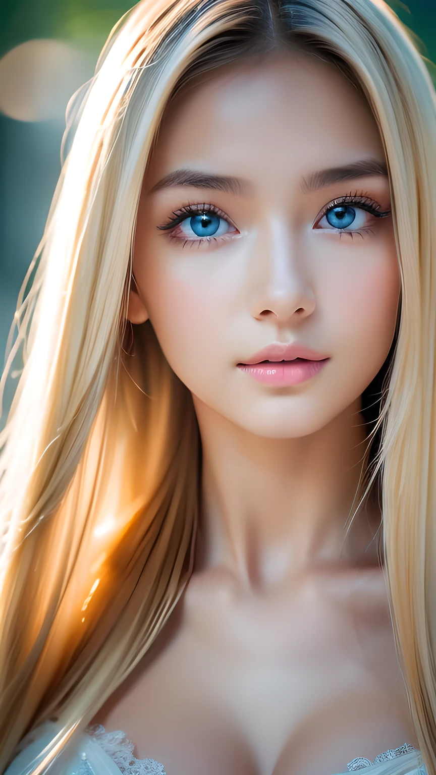 night、RAW Photos、(((A portrait of extreme beauty)))、((Glowing Skin))、1 girl、15 years old beautiful girl in Prague、((Natural light blonde hair))、[blue eyes]、Shiny, glossy skin、Silky long straight hair、eyeliner、Long Bangs、Hair between the eyes、Fluttering Hair、((masterpiece、最high quality、Super detailed、Film Light、Intricate details、High resolution、8K、Very detailed))、Detailed Background、8K uhd、Digital SLR、Soft Light、high quality、Film Grain、Fujifilm XT3 、Shallow depth of field、Natural light、（Perfect hands）、Perfect pretty face