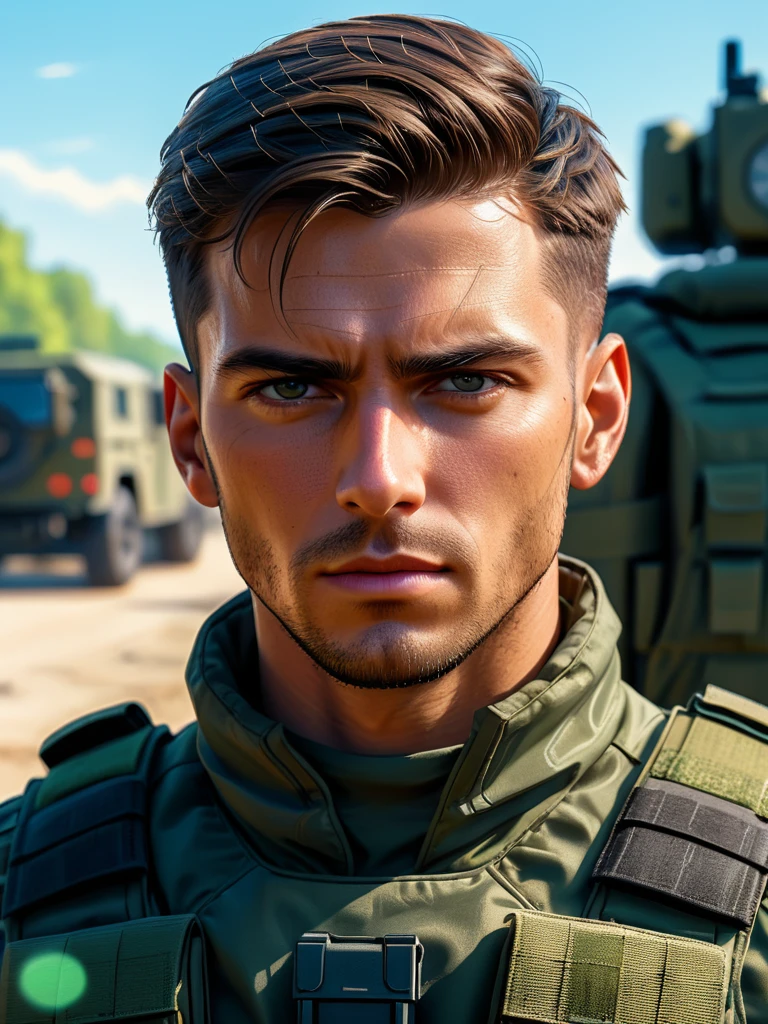 man in bulletproof vest, highly detailed military soldier portrait, lineart, cel shading, masterpiece, 8k, ultra-detailed, sharp focus, realistic, photorealistic, professional, vivid colors