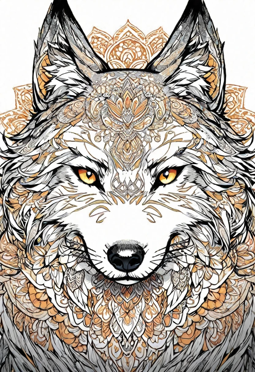 coloring ilustration of a wolf with mandalas pattern inside white background