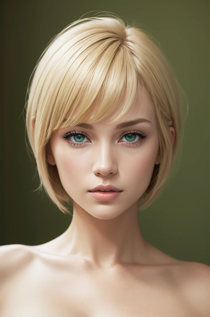 photo realist, a woman with short hair with blonde bangs, with green eyes, skin fair, big lips