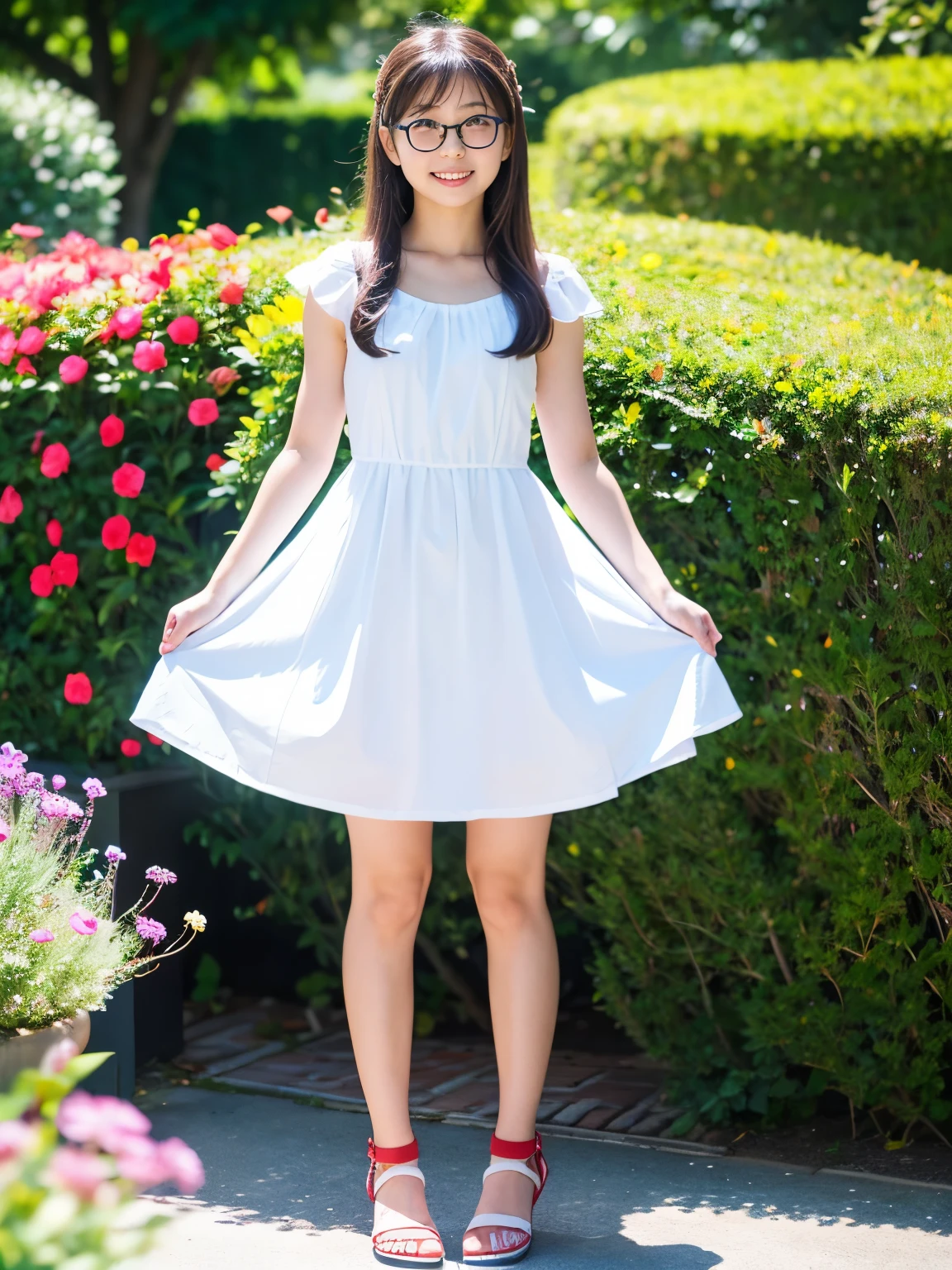 Very cute face、smile、14 years old、girl、Fluffy long hair、Beautiful legs、Beautiful body、Thin legs、White skin、