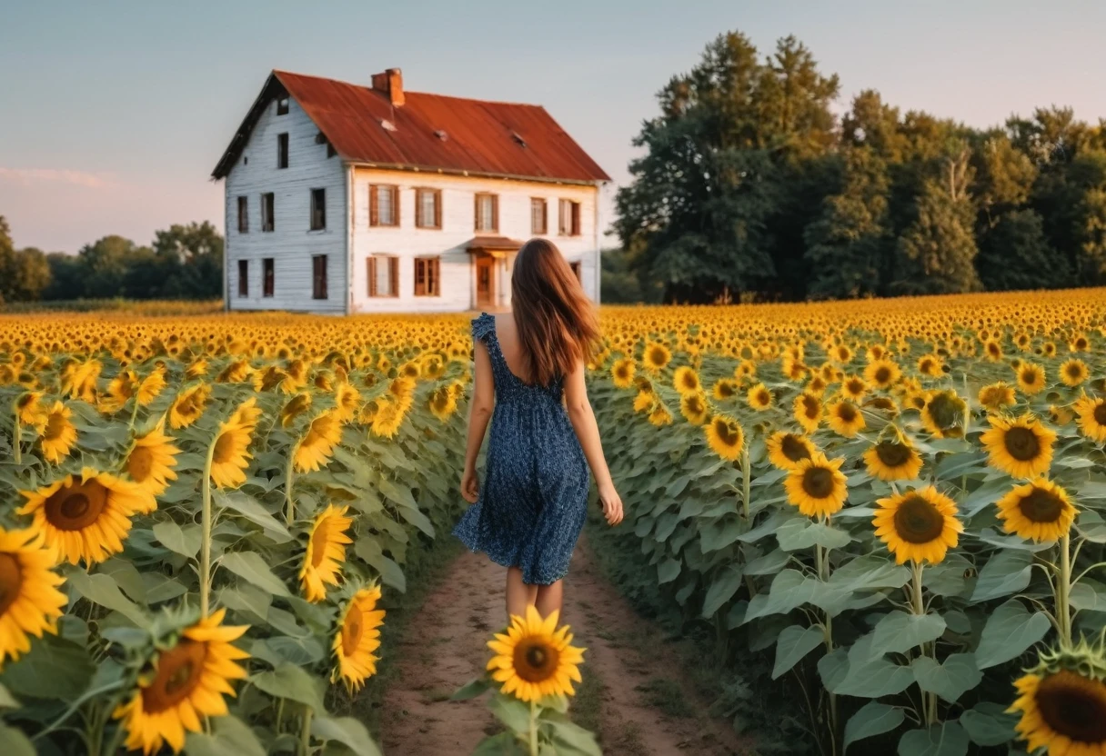 an old house, a field of sunflowers, a girl's back, sunrise time, a quiet landscape,