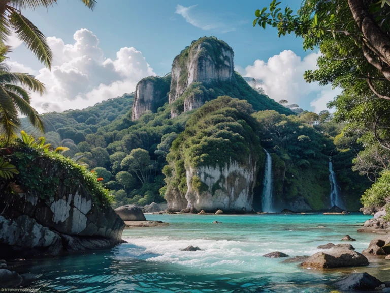a lush tropical island surrounded by crystal clear turquoise sea, an idyllic landscape with cascading waterfalls, pristine streams, and dense verdant foliage, (best quality,8k,highres,masterpiece:1.2),ultra-detailed,(realistic,photorealistic,photo-realistic:1.37),dramatic lighting,lush vegetation,detailed foliage,rocky cliffs,crashing waves,serene atmosphere,idyllic paradise,stunning scenery,breathtaking vistas,vibrant colors,beautiful natural landscape
