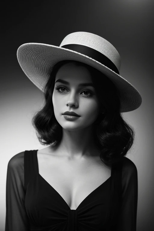 (beautiful woman),[dark film], [Full body shot], [Black &amp; White photo], [vintage], [Fedora-Hut],[Light-dark lighting], [thriller], (beautiful perfect face),[Detailed],[perfect human anatomy],[professional photography],[posing],[filmic],[40s],[very old elegant clothes]