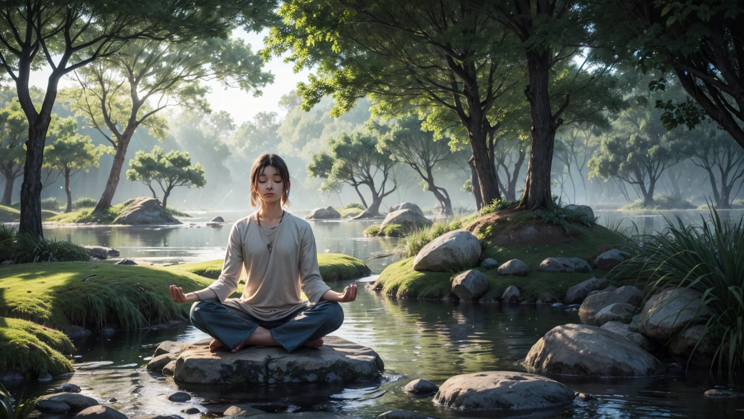 Illustration of a person meditating in a peaceful and serene environment, with elements of nature around.