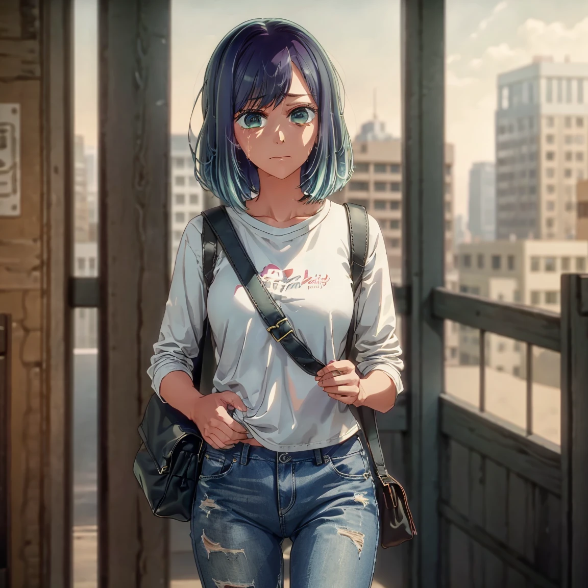 (Masterpiece:1.2, best quality), 1 lady, solo, upper body, big tits, Stylish and sassy leather jacket paired with a classic white t-shirt and distressed jeans. Confident and effortless, with minimal makeup and a messy bun. (Music festival or a trendy downtown neighborhood.) Statement sunglasses and chunky jewelry, with a crossbody bag for added comfort, tall body, tall, long legs, mature woman, mature, adult, , eft_oshi_akane, alone, 1 girl, blue hair, looking at viewer, medium hair, bangs, closed mouth, green eyes, multi-colored hair, short hair, hand up, sweat, discolored hair, blue eyes, more details XL