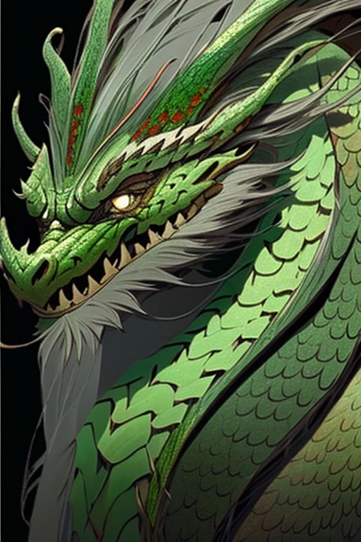 Chinese dragon with green scales, dark brown hair with gray strings, a long beard