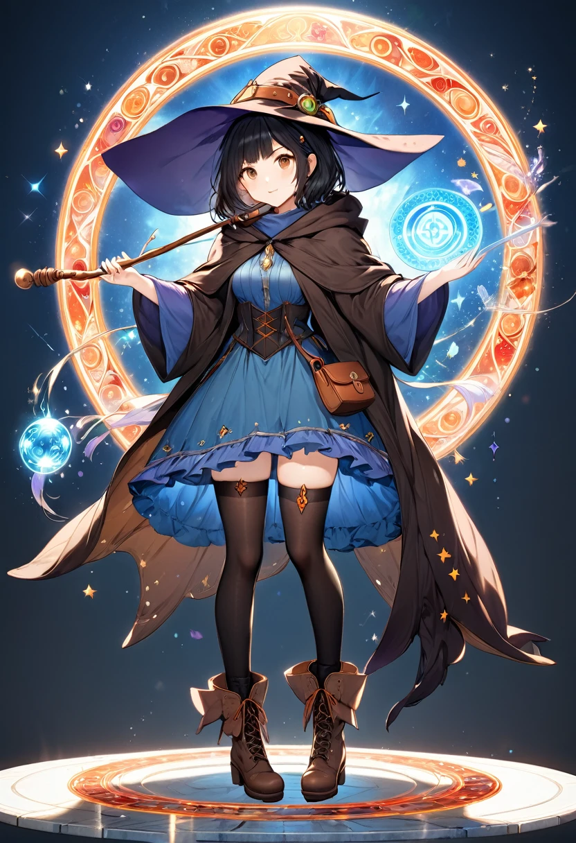 A beautiful witch in the style of Studio Ghibli, 1.55 tall, , medium-length black hair, light brown eyes, fair skin, wearing a knee-length transparent blue dress, black stockings and dark brown boots, a black and cinnamon cloak, a light brown handbag and a magic wand made of coral lizard. 8k image, ((highest quality)),(ultra high resolution),(Super detailed),(detailed description),((best GC)),(best artwork),super art precision,great drawing- art(Fantasy art with precise details:1.5),(witch:1.6),(and pretty cute shaped face:a 1.5),(Magic circle floating:1.6),dynamic pose:1.5,boots:1.3, magic circle, final fantasy XV style, 4K, super sexy, By Luciano75