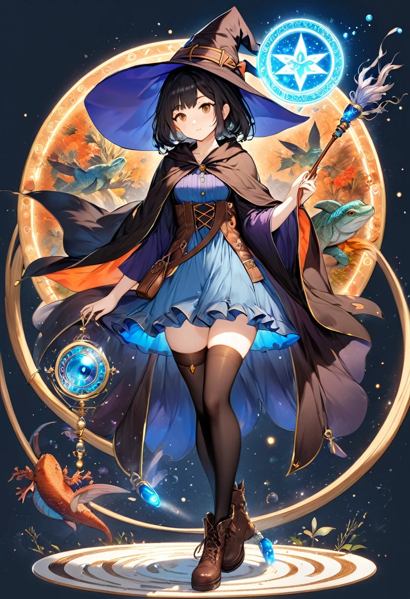 A beautiful witch in the style of Studio Ghibli, 1.55 tall, 16 years old, medium-length black hair, light brown eyes, fair skin, wearing a knee-length transparent blue dress, black stockings and dark brown boots, a black and cinnamon cloak, a light brown handbag and a magic wand made of coral lizard. 8k image, ((highest quality)),(ultra high resolution),(Super detailed),(detailed description),((best GC)),(best artwork),super art precision,great drawing- art(Fantasy art with precise details:1.5),(witch:1.6),(and pretty cute shaped face:a 1.5),(Magic circle floating:1.6),dynamic pose:1.5,boots:1.3, magic circle, final fantasy XV style, 4K, super sexy, By Luciano75