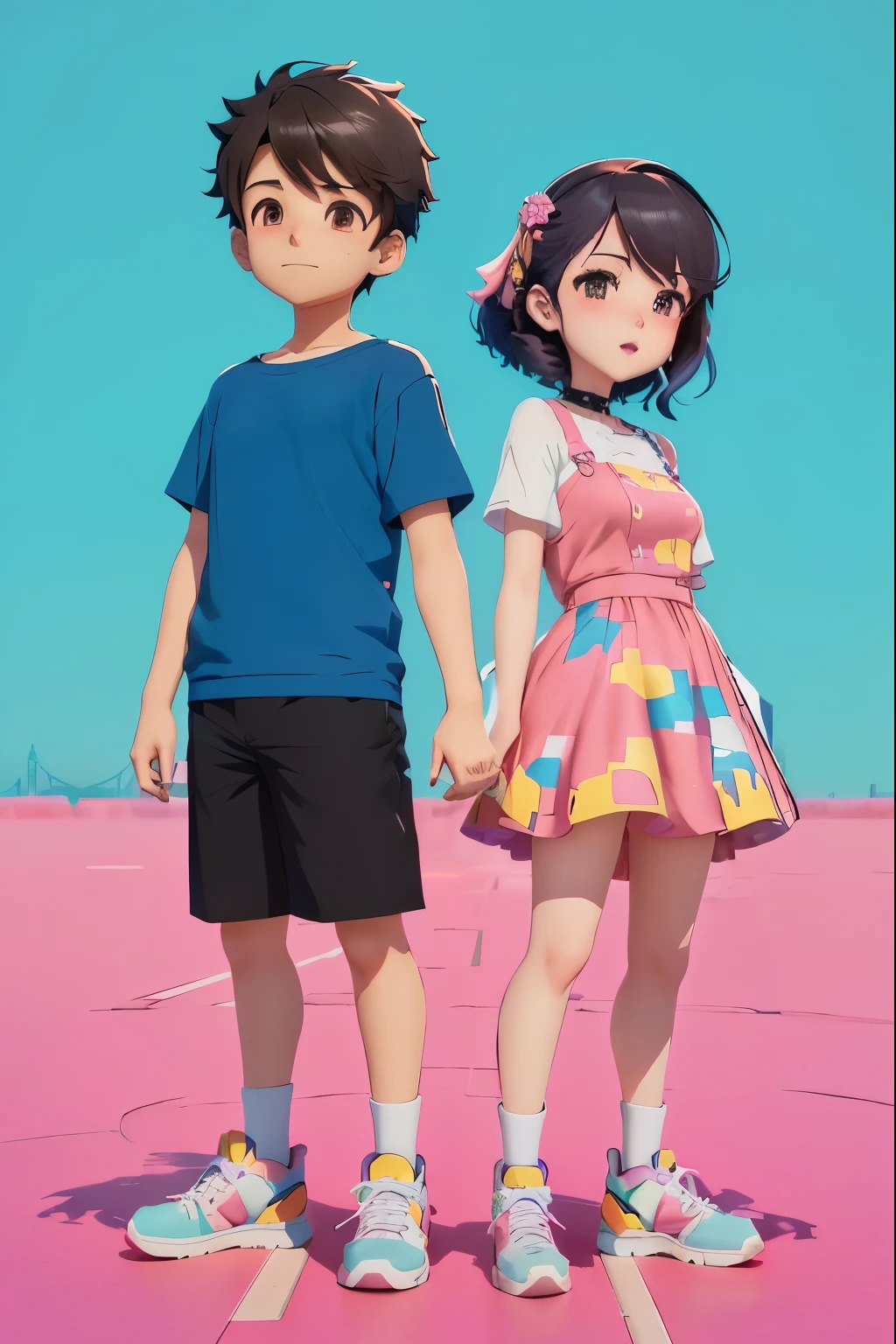 anime characters are standing next to each other outside Towerr Bridge, London.  boy and girl, anime styled 3d, realistic anime 3 d style, stylized anime, smooth anime cg art, full body portrait of a short!, made with anime painter studio, kawaii realistic portrait, cute art style, anime style. 8k, artwork in the style of guweiz