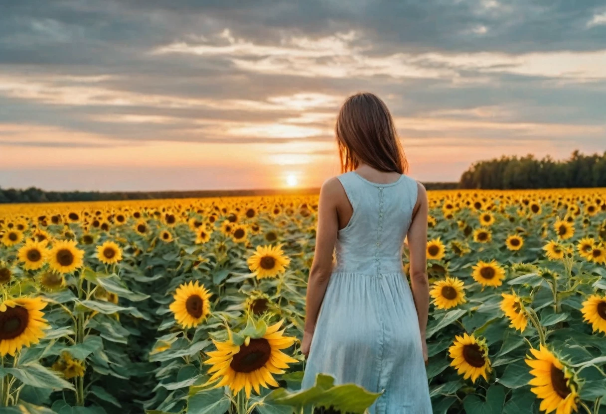 an old house, a field of sunflowers, a girl's back, sunrise time, a quiet landscape,