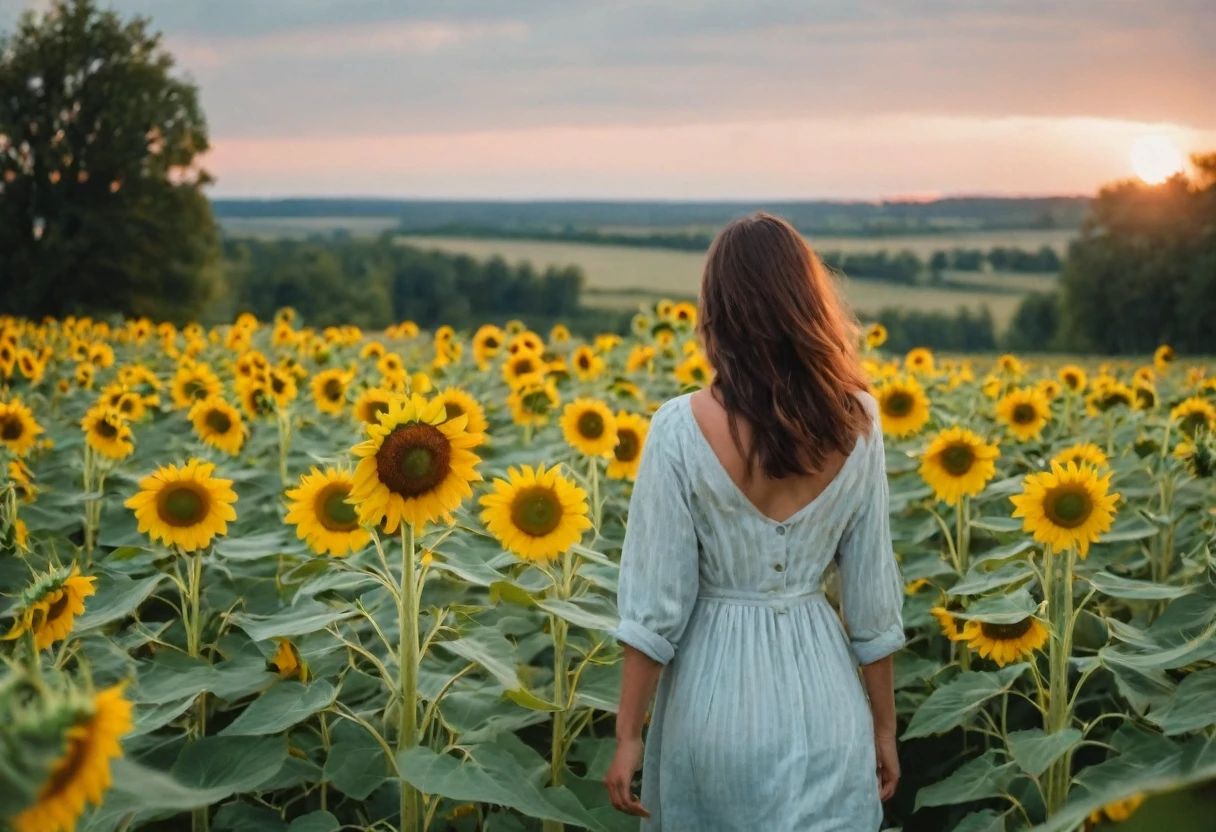 an old house, a field of sunflowers, a girl's back, sunrise time, a quiet landscape,