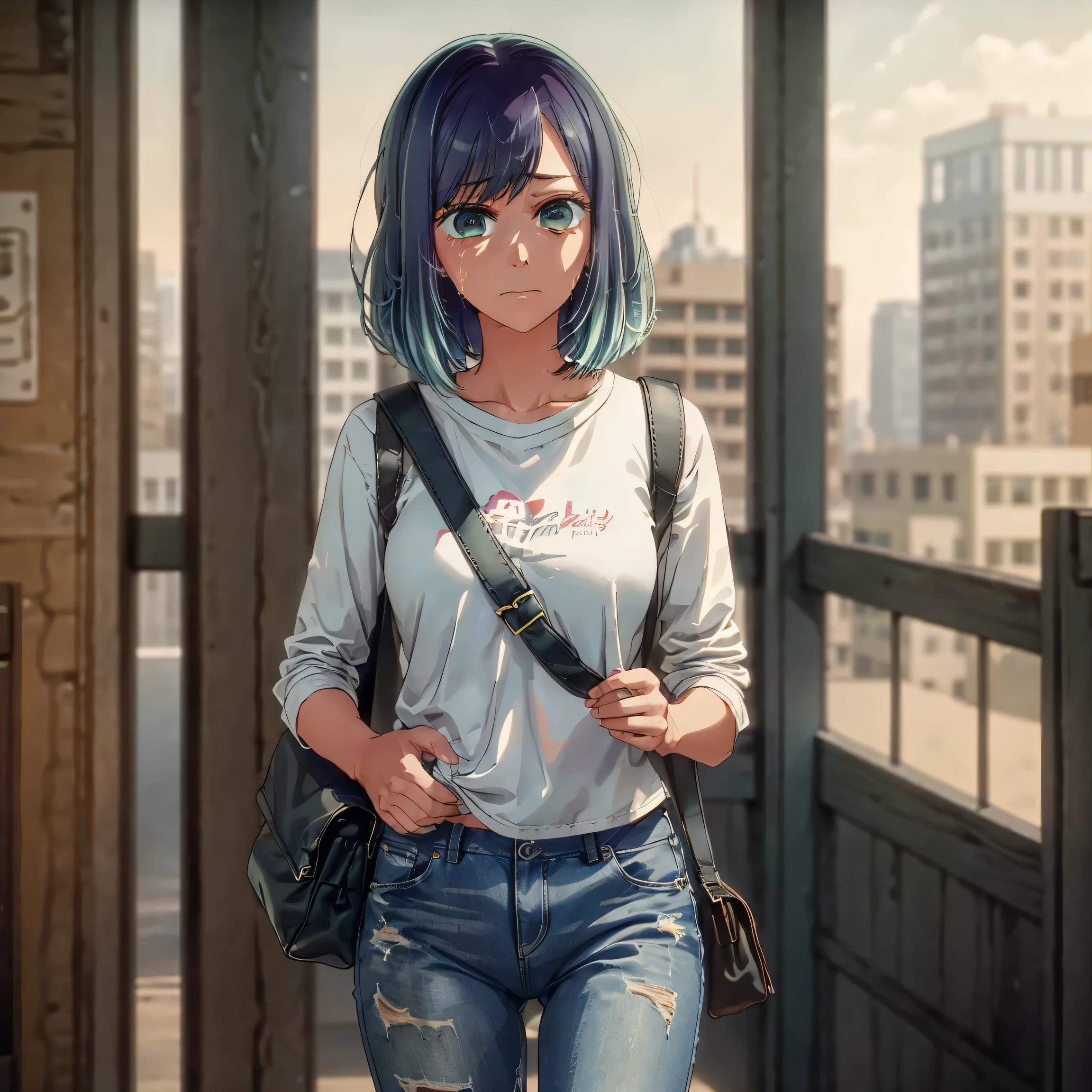 (Masterpiece:1.2, best quality), 1 lady, solo, upper body, big tits, Stylish and sassy leather jacket paired with a classic white t-shirt and distressed jeans. Confident and effortless, with minimal makeup and a messy bun. (Music festival or a trendy downtown neighborhood.) Statement sunglasses and chunky jewelry, with a crossbody bag for added comfort, tall body, tall, long legs, mature woman, mature, adult, , eft_oshi_akane, alone, 1 girl, blue hair, looking at viewer, medium hair, bangs, closed mouth, green eyes, multi-colored hair, short hair, hand up, sweat, discolored hair, blue eyes, more details XL