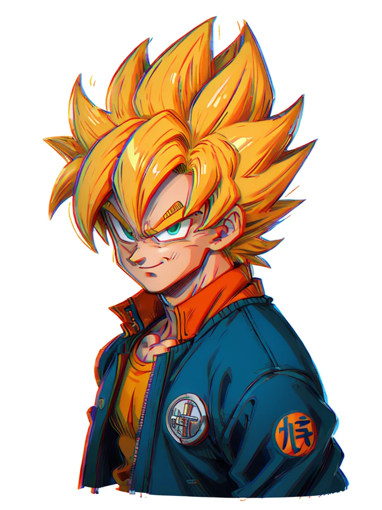 1man, solo, (masterpiece), best quality, ultra-detailed, Son Goku from Dragon Ball Z, super saiyan hair, yellow hair, Retro style, full body. fashion cloth, blue jacket, orange shirt, fancy, portrait, upper body, face detail, eyes detail: 1.3, simple background, green eyes, orange shirt,(white background)
