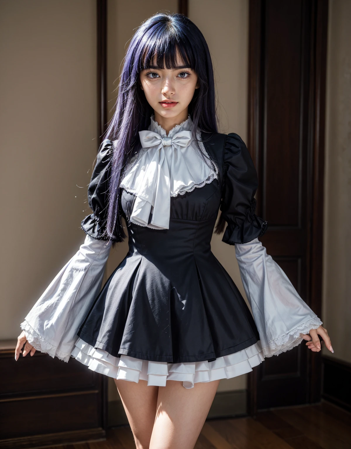 1 chica, full body photography, athletic, strong woman body, slim woman body, bowtie, frills, black dress, puffy sleeves, short over long sleeves, long sleeves, deep-blue hair, long hair, frederica bernkastel, tall woman, standing, amazing legs, realistic natural purple hair style, dress, bowtie, mary janes, socks, cat tail, tail bow, tail ornament, purple eyes, constituir, Volumetric lighting, best quality, masterpiece, detalles intrincados, mapeo de tonos, sharp focus, hiper detallado, tendencia en artstation, Realista, belleza de talla mundial, joy face, vista frontal, detailed background, centered photo, perfectly drawn hands, dress closed at the neck, white wide sleeves, extremely detailed clothing, beautiful face, gorgeous face, sexy eyes, good pair of hands:1.2