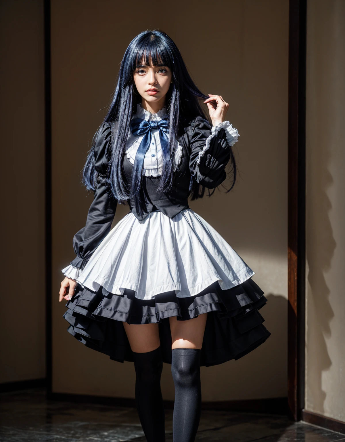 1 chica, full body photography, athletic, strong woman body, slim woman body, bowtie, frills, black dress, puffy sleeves, short over long sleeves, long sleeves, deep-blue hair, long hair, frederica bernkastel, tall woman, standing, amazing legs, realistic natural purple hair style, dress, bowtie, mary janes, socks, cat tail, tail bow, tail ornament, purple eyes, constituir, Volumetric lighting, best quality, masterpiece, detalles intrincados, mapeo de tonos, sharp focus, hiper detallado, tendencia en artstation, Realista, belleza de talla mundial, joy face, vista frontal, detailed background, centered photo, perfectly drawn hands, dress closed at the neck, white wide sleeves, extremely detailed clothing, beautiful face, gorgeous face, sexy eyes, good pair of hands:1.2