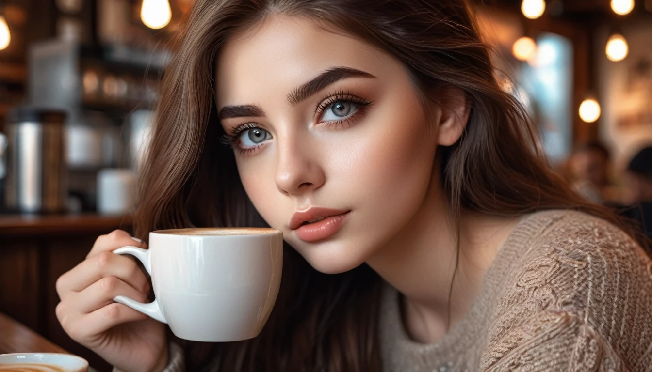 a 19 year old girl with long brown hair in a cafe serving coffee, beautiful detailed eyes, beautiful detailed lips, extremely detailed eyes and face, long eyelashes, warm lighting, cozy atmosphere, photorealistic, 8k, high quality, hyper detailed, intricate details, natural lighting, soft colors, warm tones, moody, cinematic, concept art style