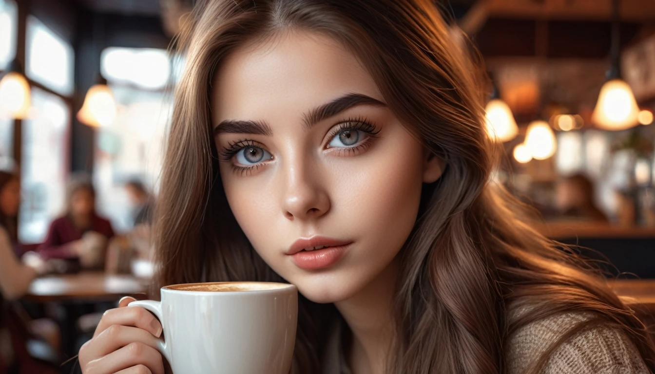 a 19 year old girl with long brown hair in a cafe serving coffee, beautiful detailed eyes, beautiful detailed lips, extremely detailed eyes and face, long eyelashes, warm lighting, cozy atmosphere, photorealistic, 8k, high quality, hyper detailed, intricate details, natural lighting, soft colors, warm tones, moody, cinematic, concept art style