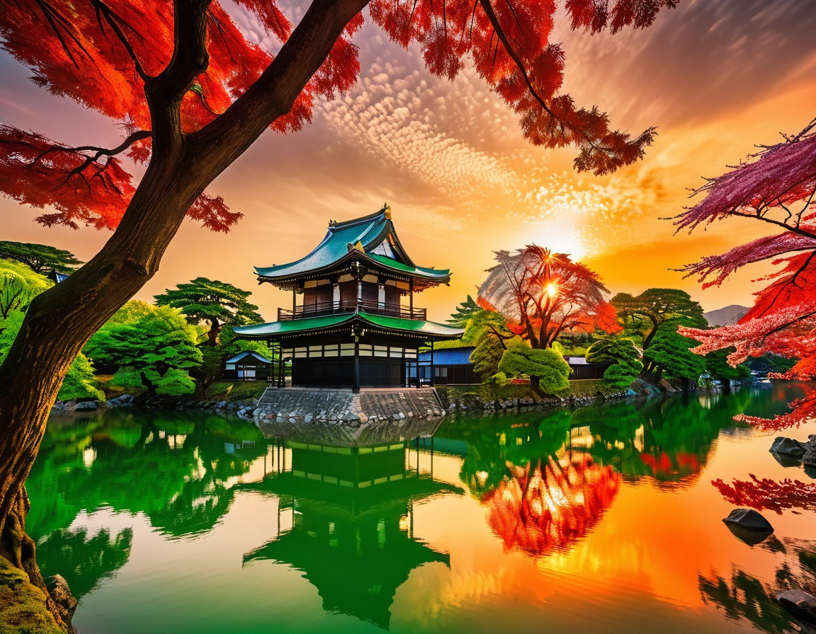 a National Geographic picture of dark Japanese medieval temple, as the sun (rises in the horizon: 1.1), it sits on the bank of a river near surrounded by cherry trees, almond trees, Japanese maple trees, (all trees in many colorful shades of green, red, pin, orange: 1.5) ((all scenery is reflected in the river: 1.5)), an epic ancient Japanese medieval temple, ancient and epic in its majestic antiquity, a sense of serenity, tranquility, divine rays, some clouds, sun rays, (highest quality:1.2, Very detailed, up to date, Vibrant, Ultra-high resolution, High Contrast, masterpiece:1.2, highest quality, Best aesthetics), best details, best quality, highres, ultra wide angle, 16k, [ultra detailed], masterpiece, best quality, (extremely detailed: 1.5), Cinematic Hollywood Film, RagingNebula