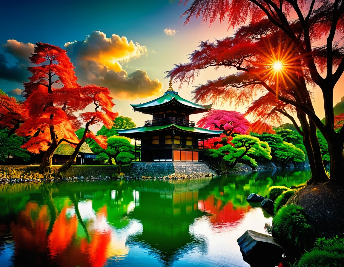 a National Geographic picture of dark Japanese medieval temple, as the sun (rises in the horizon: 1.1), it sits on the bank of a river near surrounded by cherry trees, almond trees, Japanese maple trees, (all trees in many colorful shades of green, red, pin, orange: 1.5) ((all scenery is reflected in the river: 1.5)), an epic ancient Japanese medieval temple, ancient and epic in its majestic antiquity, a sense of serenity, tranquility, divine rays, some clouds, sun rays, (highest quality:1.2, Very detailed, up to date, Vibrant, Ultra-high resolution, High Contrast, masterpiece:1.2, highest quality, Best aesthetics), best details, best quality, highres, ultra wide angle, 16k, [ultra detailed], masterpiece, best quality, (extremely detailed: 1.5), Cinematic Hollywood Film, RagingNebula